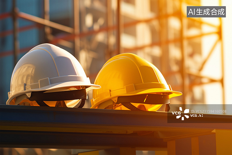 【AI数字艺术】】建筑工地背景木桌上的黄色安全建筑头盔图片素材