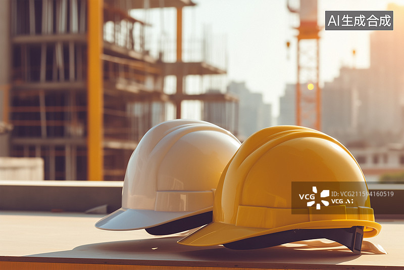 【AI数字艺术】】建筑工地背景木桌上的黄色安全建筑头盔图片素材