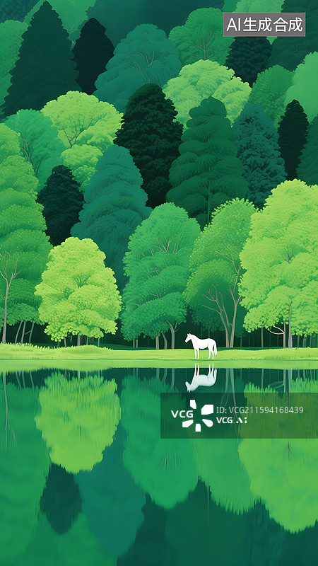 【AI数字艺术】茂密的树林里河畔一匹白马图片素材
