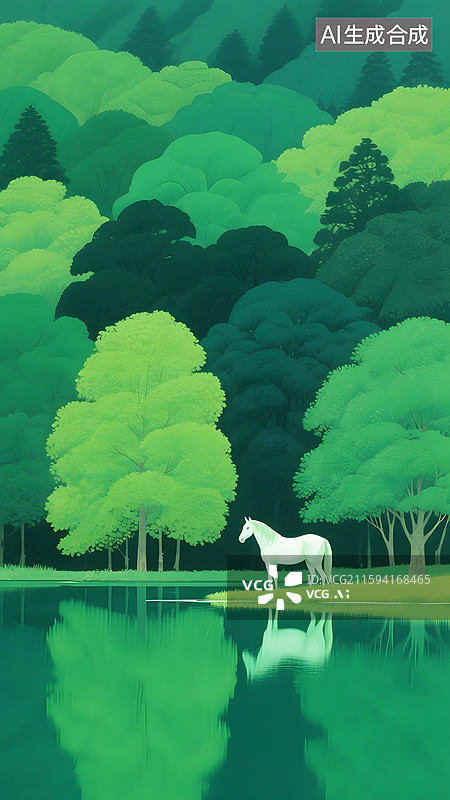 【AI数字艺术】茂密的树林里河畔一匹白马图片素材