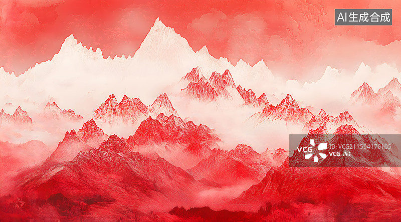 【AI数字艺术】朱砂青色山水画卷插画海报背景图片素材