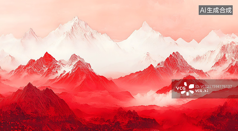 【AI数字艺术】朱砂青色山水画卷插画海报背景图片素材