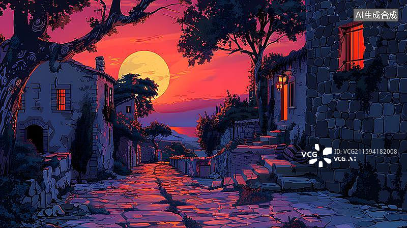 【AI数字艺术】夕阳下的石屋小巷 古村黄昏唯美意境图片素材