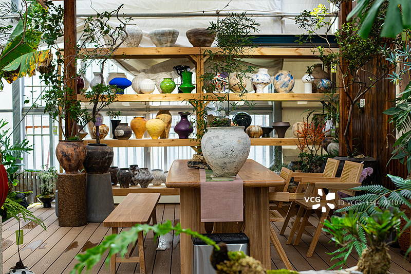 中国健康生活方式拍摄主题，室内空间里的木制桌子椅子和架子上的盆栽植物，户外白昼无人图像摄影图片素材