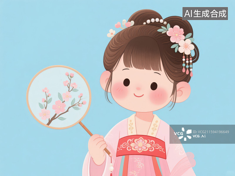 【AI数字艺术】拿着带有梅花图案的古风圆扇穿着古代服装的卡通古风女孩图片素材