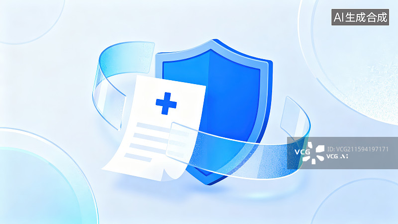 【AI数字艺术】蓝色护盾和带有十字架的记录本，医疗健康保护安全保险单预防风险投资服务保障概念图片素材