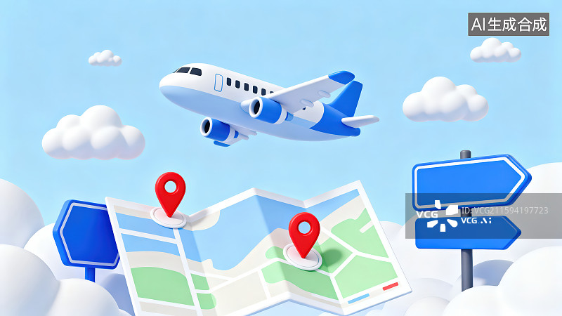 【AI数字艺术】3D渲染卡通飞机地图红色定位标识云朵和指示牌，飞机与旅行主题节假日出行搭乘交通工具主题概念图片素材
