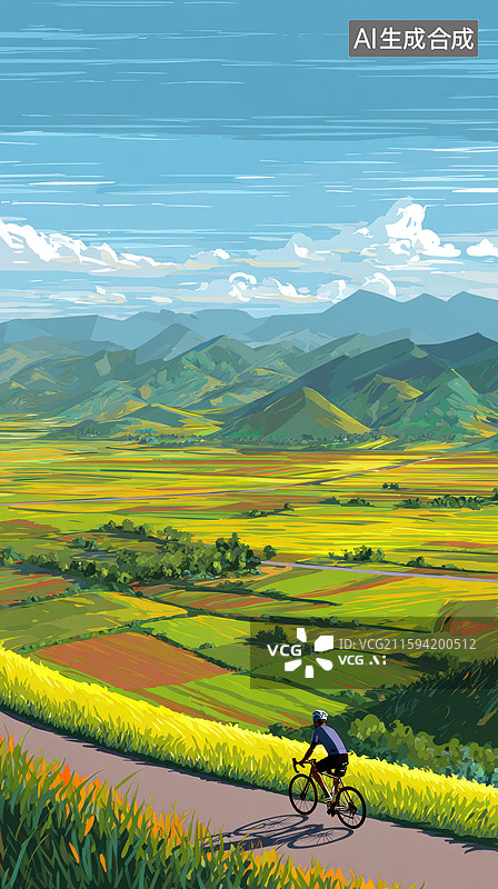【AI数字艺术】骑行者穿行于田园风光图片素材