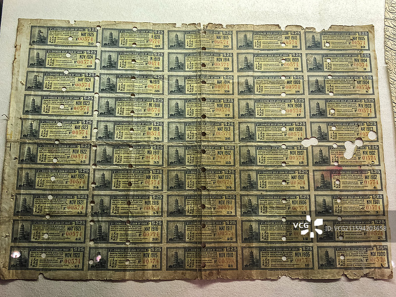 武汉辛亥革命博物馆 1900年清政府向欧美银行发行的铁路债券票图片素材