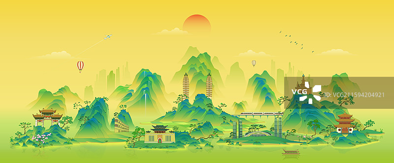 昆明城市千里江山插画图片素材