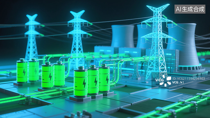 【AI数字艺术】科技与能源概念新质生产力太阳能光伏板风力发电机工厂绿色发光电池图片素材