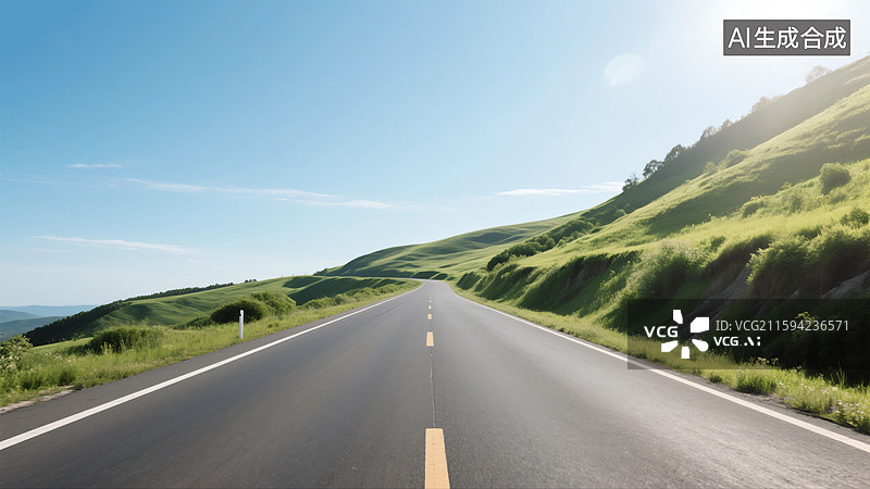【AI数字艺术】绿色山间的运动模糊高速公路汽车广告背景图图片素材