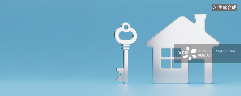 【AI数字艺术】蓝色背景房地产银色房屋和钥匙图片素材