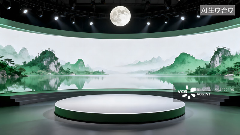 【AI数字艺术】高端中秋山水诗画产品展台建模背景图片素材