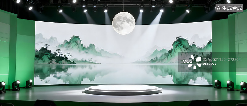 【AI数字艺术】高端中秋山水诗画产品展台建模背景图片素材