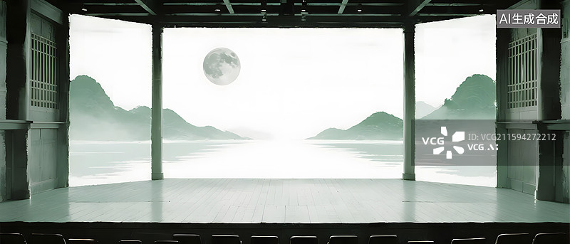 【AI数字艺术】高端中秋山水诗画产品展台建模背景图片素材