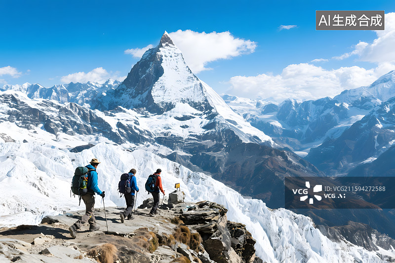 【AI数字艺术】晨曦中的登山者与山峰图片素材