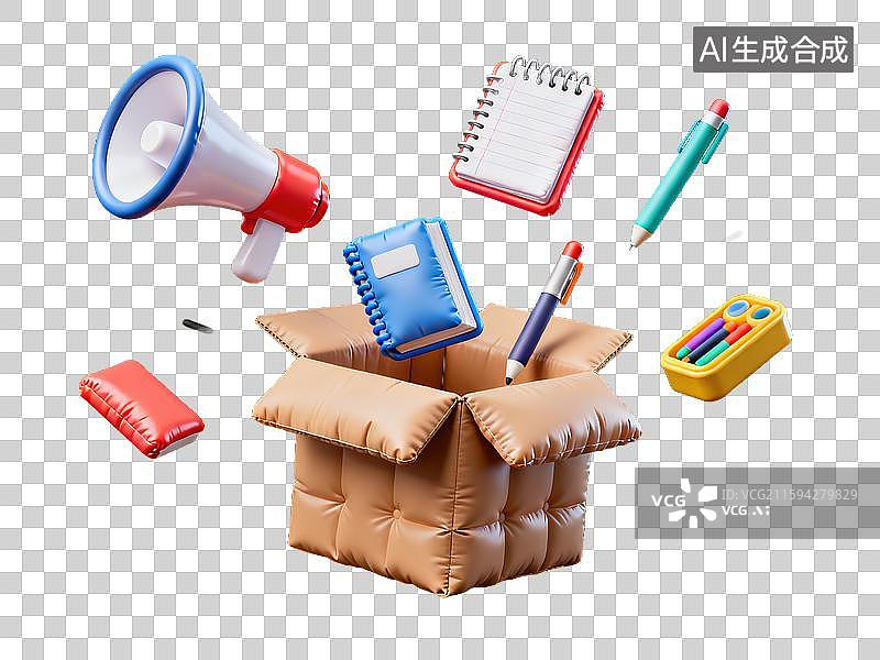 【AI数字艺术】创意3D膨胀风材质充气式漂浮纸箱盒学习用品笔记本书籍钢笔文具盒喇叭开学季促销活动商业教育营销材料海报图片素材