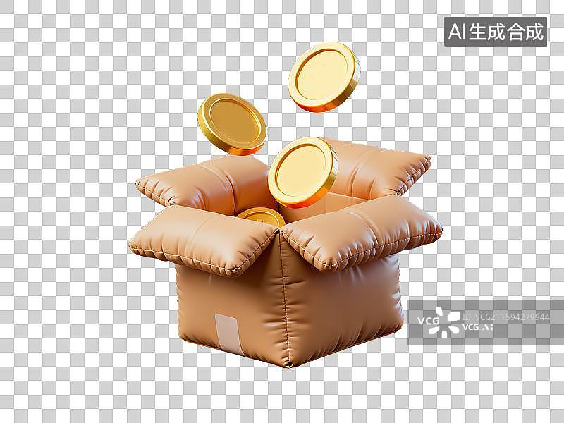【AI数字艺术】创意3D膨胀材质充气式漂浮纸箱盒飞出金币卡通眼睛购物节促销活动打折优惠商业透明元素海报设计年货节金融图片素材