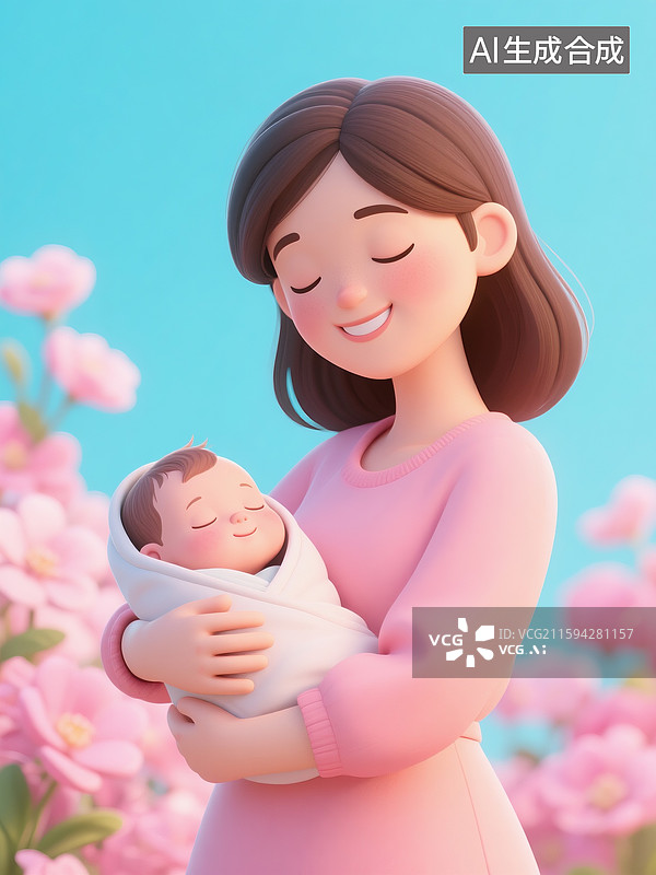 【AI数字艺术】3D立体三维C4D一位抱着熟睡婴儿的温柔母亲图片素材