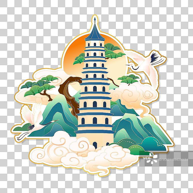 国风南宁城市地标建筑冰箱贴插画图片素材