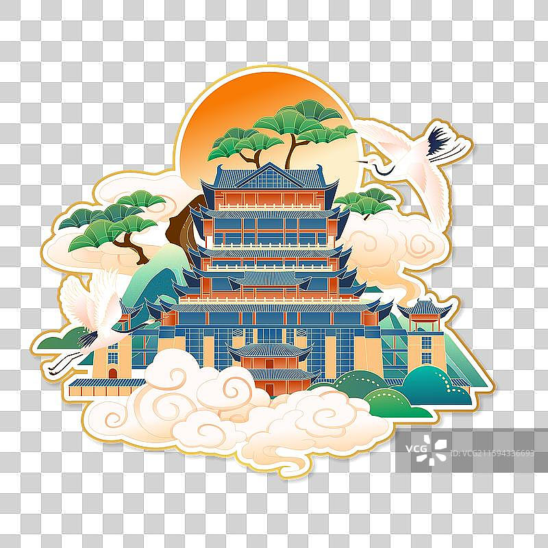 国风南宁城市地标建筑冰箱贴插画图片素材