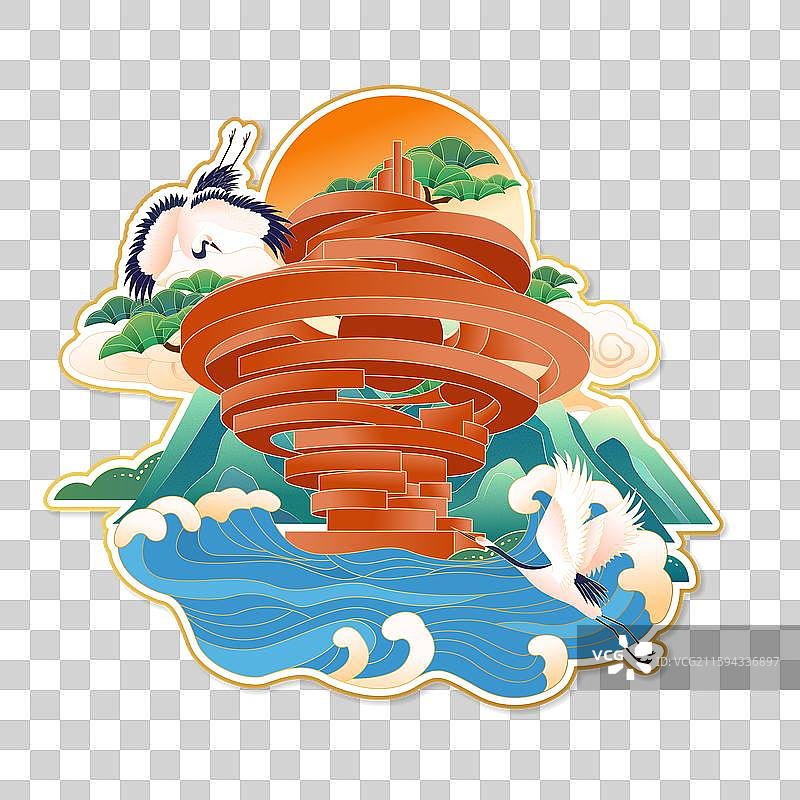 国风青岛城市地标建筑冰箱贴插画图片素材