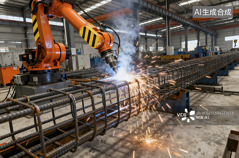 【AI数字艺术】工厂里工业机器人焊接场景图片素材