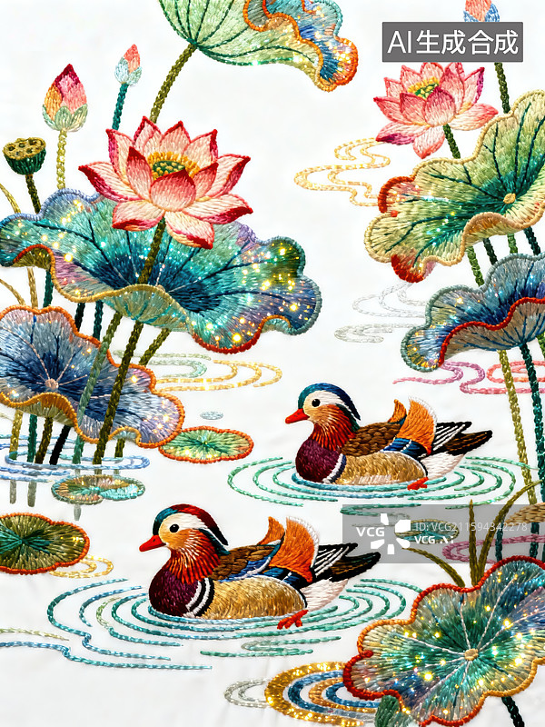 【AI数字艺术】荷塘鸳鸯刺绣图案图片素材
