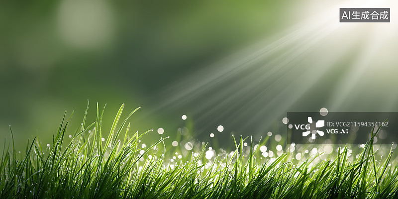 【AI数字艺术】夏季阳光下的草坪露珠特写清新风插画图片素材