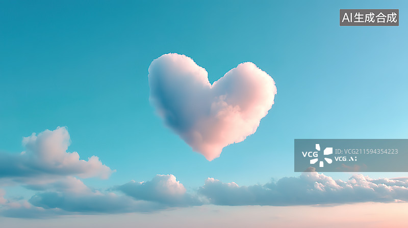 【AI数字艺术】蓝天中一朵爱心形状的云可爱风插画图片素材
