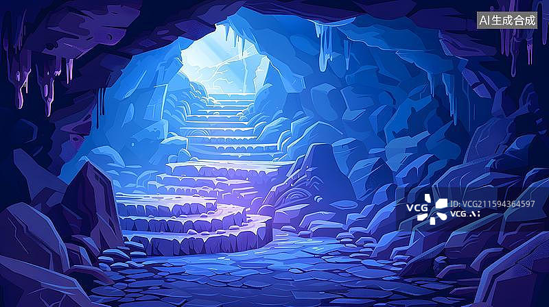 【AI数字艺术】神秘洞穴发光阶梯 奇幻蓝洞探险入口  洞穴内钟乳石景观与台阶  奇幻溶洞的探险之旅图片素材