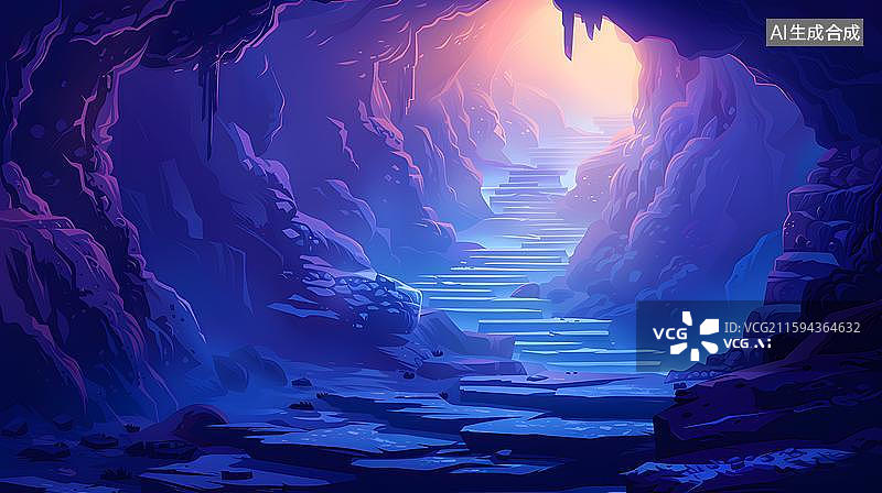 【AI数字艺术】神秘洞穴发光阶梯 奇幻蓝洞探险入口  洞穴内钟乳石景观与台阶  奇幻溶洞的探险之旅图片素材