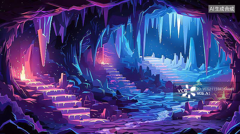 【AI数字艺术】神秘洞穴发光阶梯 奇幻蓝洞探险入口  洞穴内钟乳石景观与台阶  奇幻溶洞的探险之旅图片素材