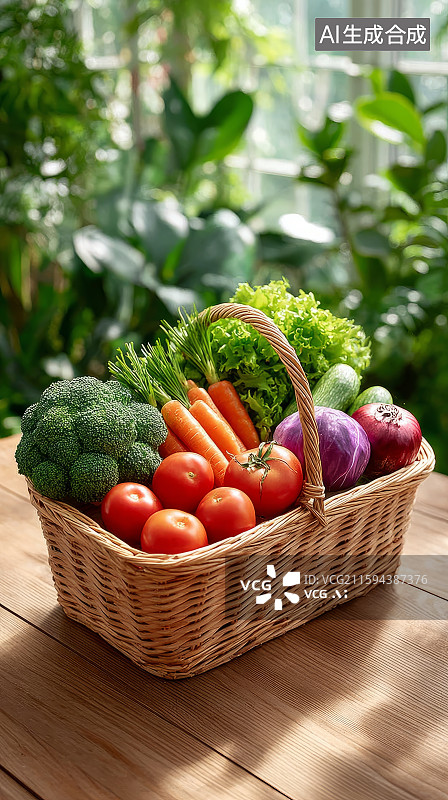 【AI数字艺术】装满新鲜蔬菜的柳编篮子图片素材