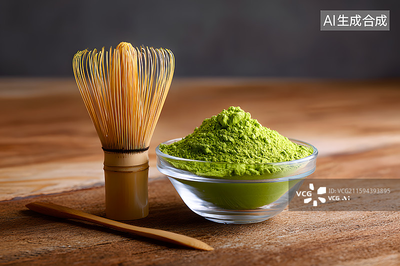 【AI数字艺术】茶桌上放着抹茶和茶筅图片素材