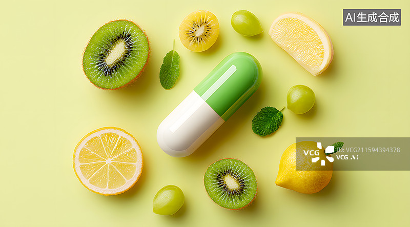 【AI数字艺术】一颗维生素胶囊在水果中间图片素材