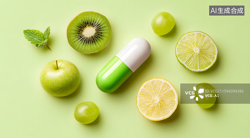 【AI数字艺术】一颗维生素胶囊在水果中间图片素材