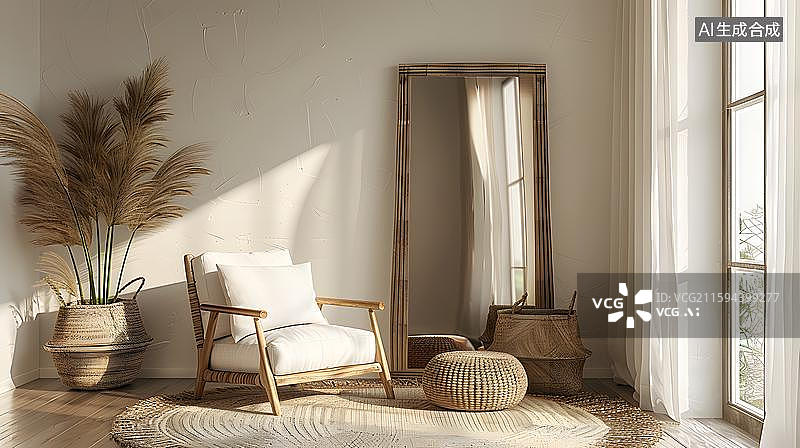 【AI数字艺术】北欧风客厅阳光角落 简约室内休闲区设计  诧寂风客厅沙发场景  极简现代室内墙壁与椅子图片素材