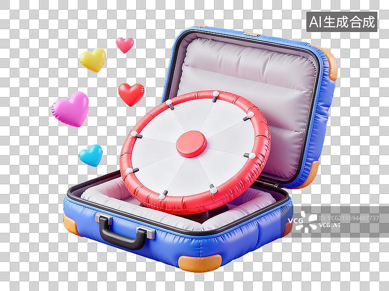 【AI数字艺术】创意3D膨胀材质充气式行李箱空白抽奖转盘和彩色气球购物节促销活动商业旅游透明元素超市打折活动数字营销图片素材