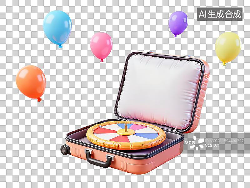 【AI数字艺术】创意3D膨胀材质充气式行李箱空白抽奖转盘和彩色气球购物节促销活动商业旅游透明元素超市打折活动数字营销图片素材