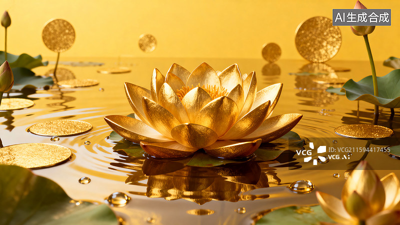 【AI数字艺术】金莲花饰奢华中式场景图片素材