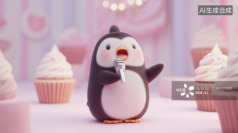 【AI数字艺术】企鹅手持麦克风演唱图片素材