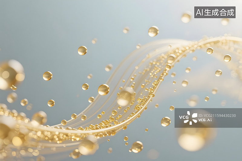 【AI数字艺术】抽象3D金黄色液体油或精油飞溅图片素材