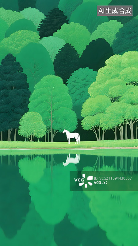 【AI数字艺术】茂密的树林里河畔一匹白马图片素材