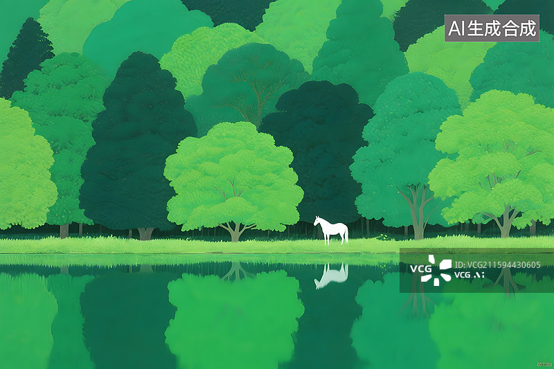【AI数字艺术】茂密的树林里河畔一匹白马图片素材