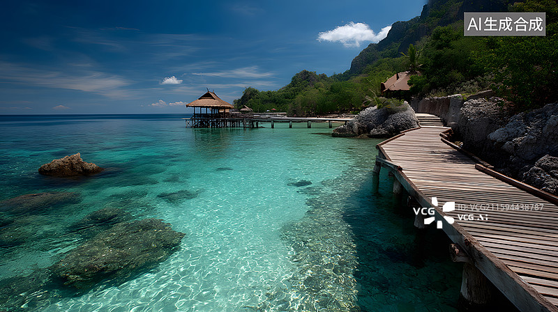 【AI数字艺术】海岛木栈道景观图片素材
