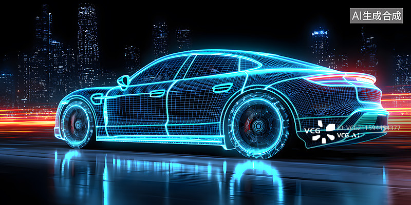 【AI数字艺术】霓虹网格汽车夜驰都市街头图片素材