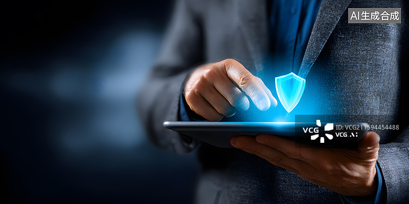 【AI数字艺术】商务人士操作平板激活安全盾牌图片素材