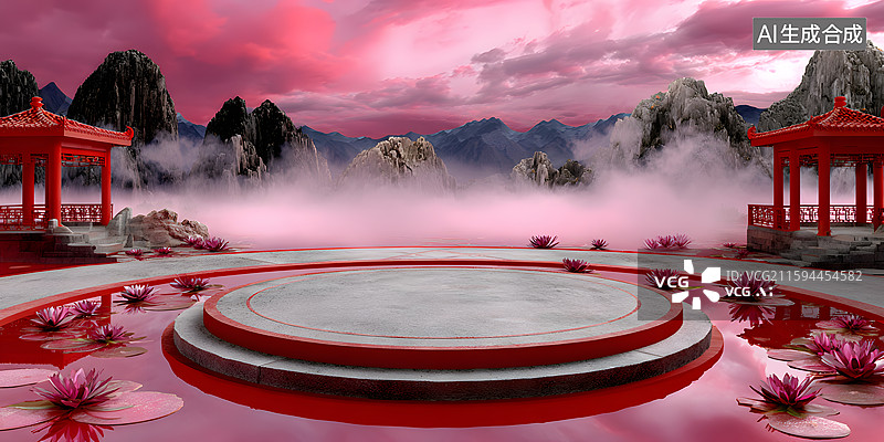 【AI数字艺术】红亭莲池雾山云霞仙境图图片素材